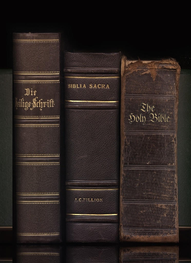 A row of books sitting on top of a shelf Bible book old religion