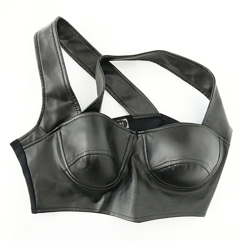 A close up of a black leather bra. Bra leather black. - PICRYL