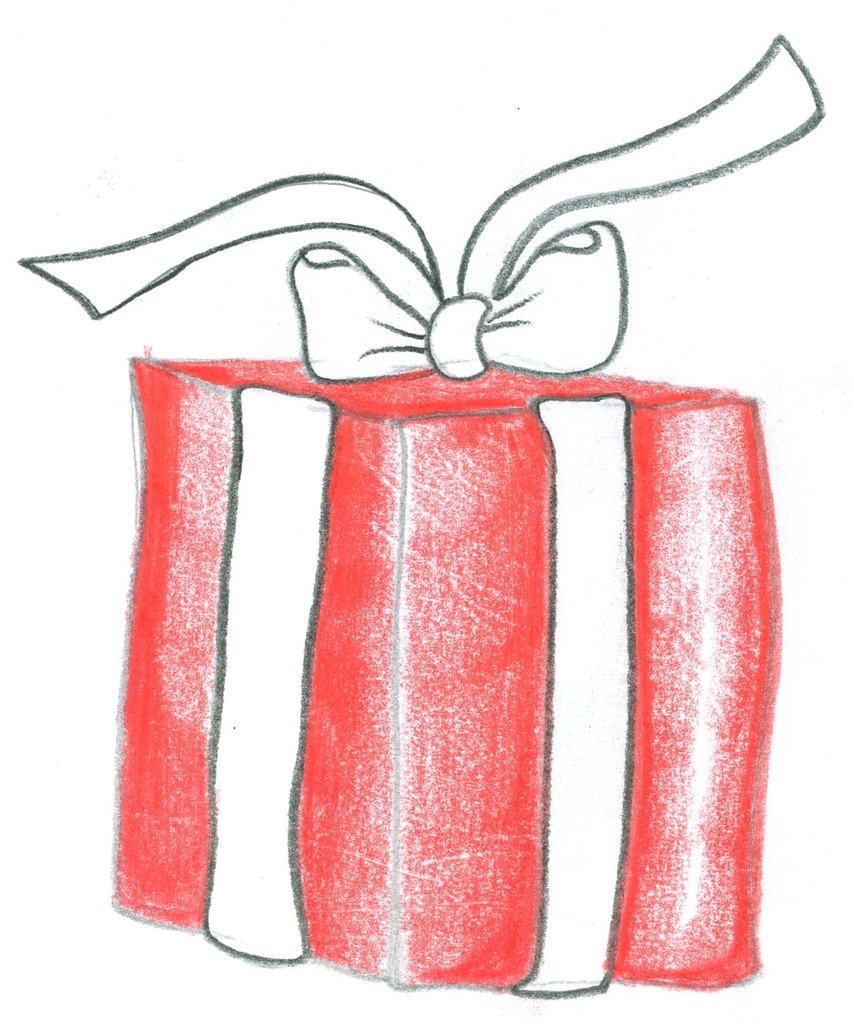 A drawing of a red gift box with a bow. Christmas gift christmas