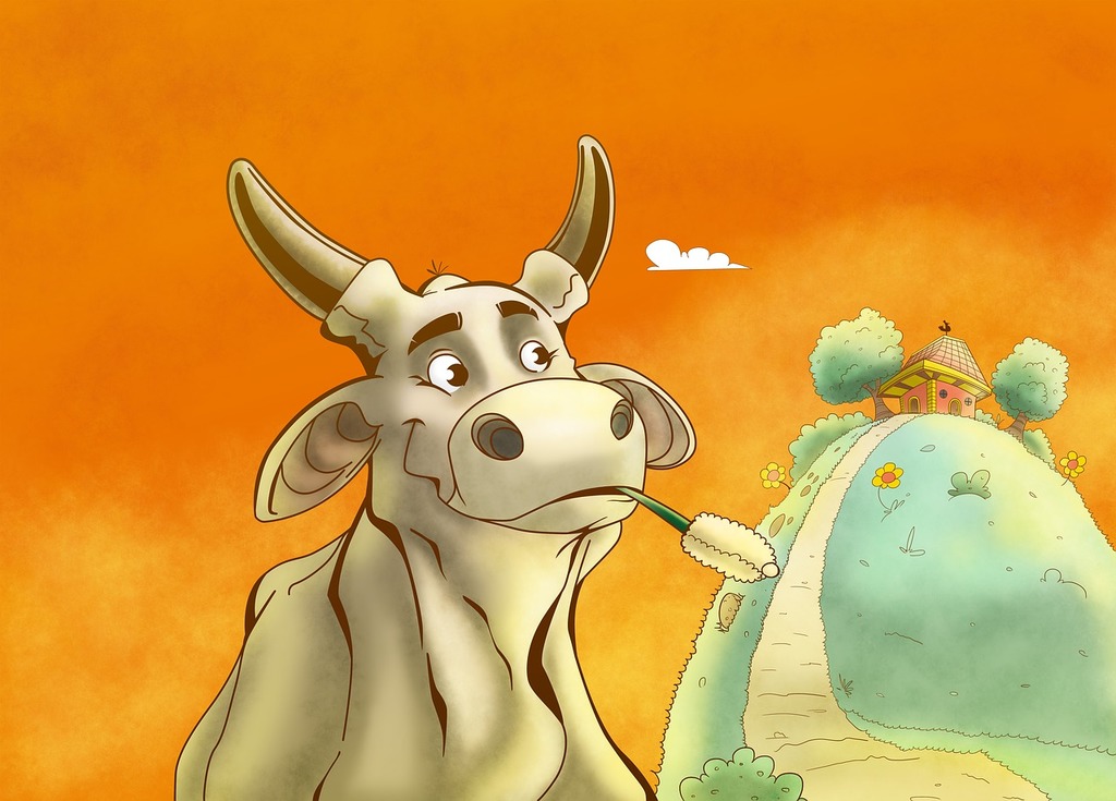 A cartoon cow standing next to a hill. Cow field green, animals