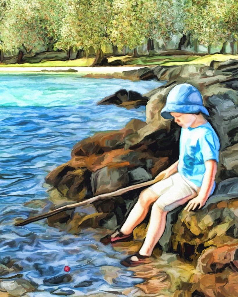 A painting of a boy sitting on a rock by the water. Fishing lake