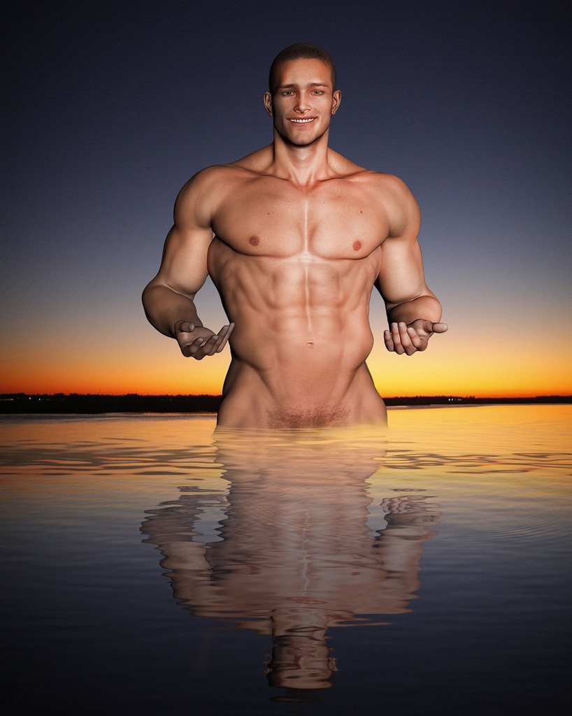 A man standing in a body of water. Half naked man water reflection