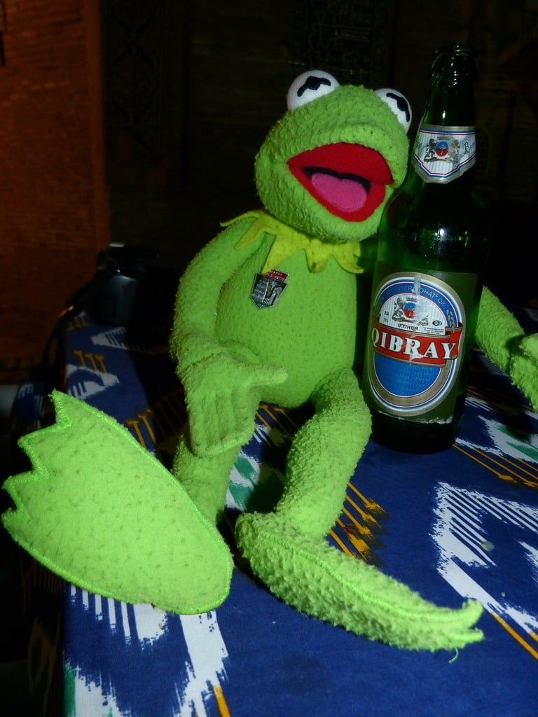 A green stuffed animal sitting next to a bottle of beer. Kermit frog beer.  - PICRYL - Public Domain Media Search Engine Public Domain Search