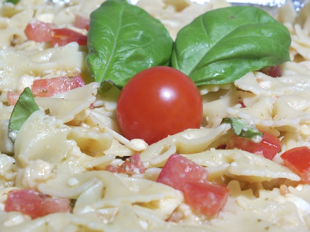 A close up of a plate of pasta with tomatoes and basil. Pasta