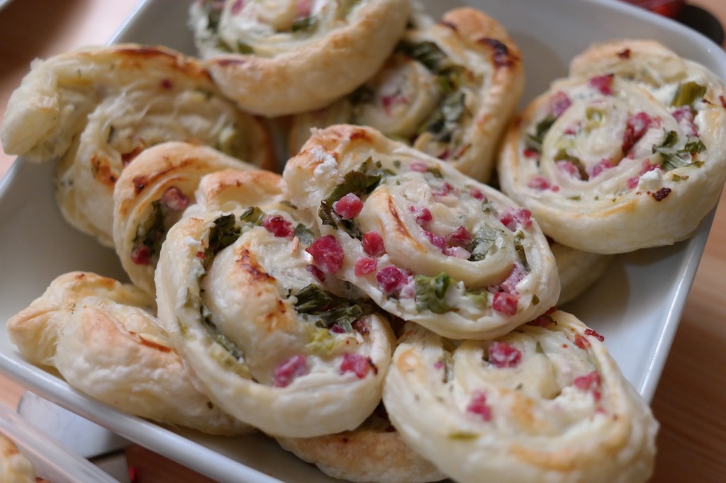 Savory Puff Pastry Rolls with bacon and collard greens premade picnic food idea