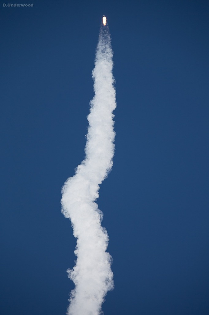 Space Ship Launch Rocket With Fire Trace And Smoke In Blue Sky