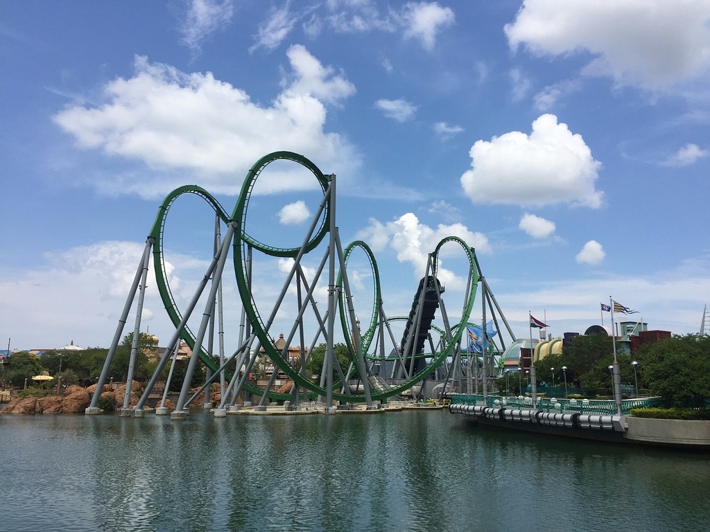 A large roller coaster in the middle of a body of water. Roller