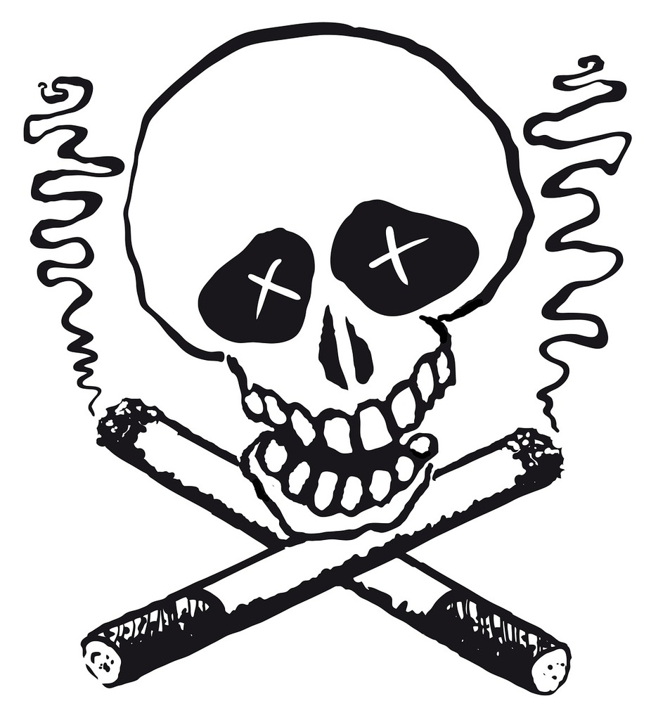 A drawing of a skull and two crossed cigarettes. Smoking death