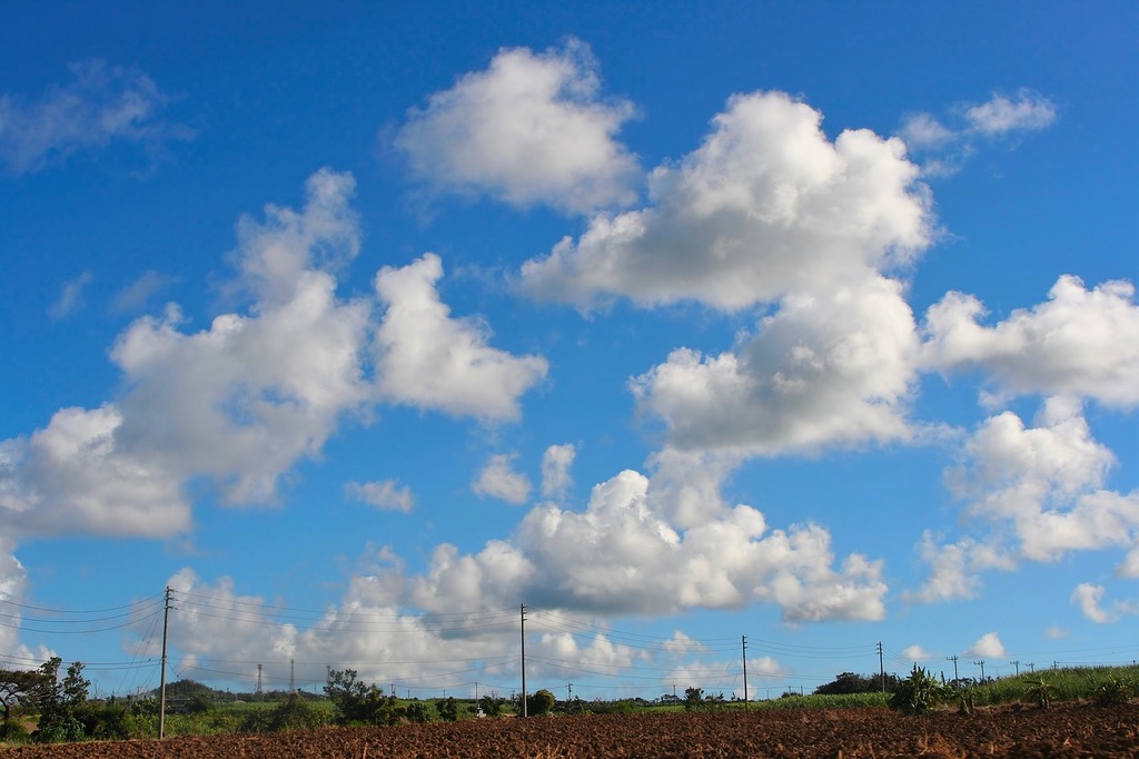 A blue sky with white clouds above a plowed field. Soil mechanics ...