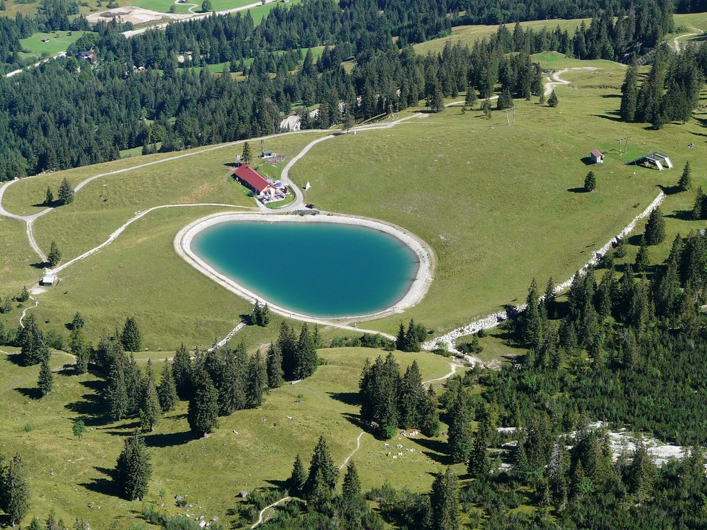 An aerial view of a lake surrounded by trees. Wiedhagalpe oberjoch iseler.  - PICRYL - Public Domain Media Search Engine Public Domain Search