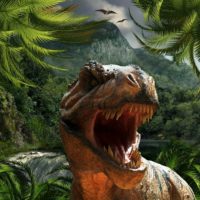 A fake t - rex with its mouth open next to a tree. Rex dino t rex. - PICRYL  - Public Domain Media Search Engine Public Domain Search